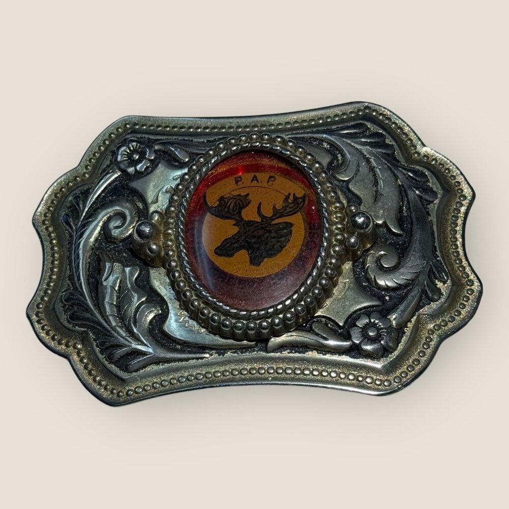 Vintage P.A.P. Moose Emblem Western Belt Buckle Silver-Tone Design